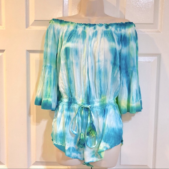 NWT-BOHO SOUL-Tie Dye-Off Shoulder Romper-Sz S - Picture 2 of 5